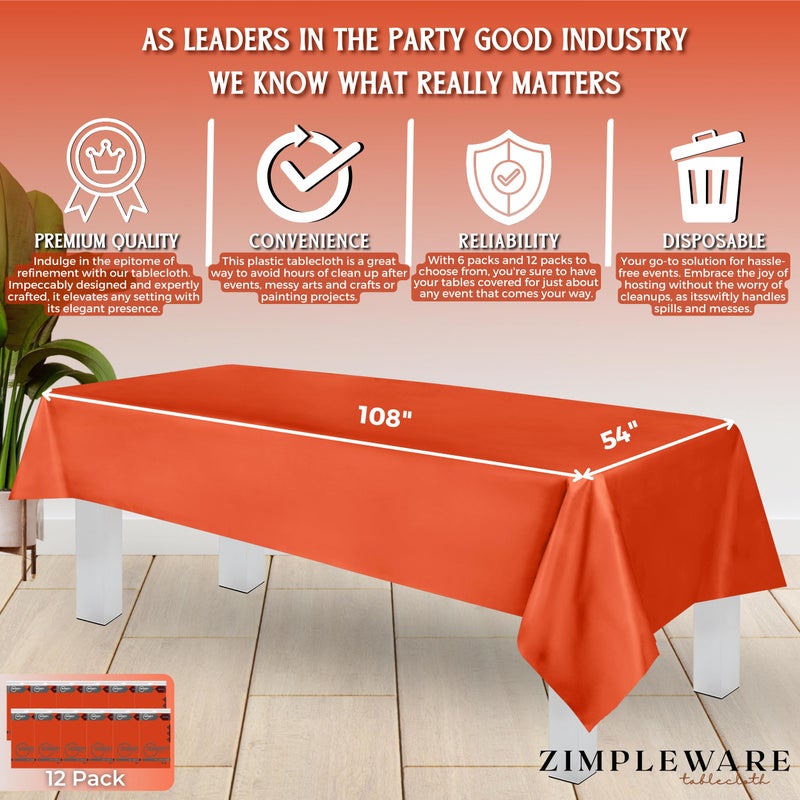 ZIMPLEWARE Premium Orange Plastic Table Cloth Disposable (12 Pk) Plastic Tablecloths for Rectangle Tables (54in x 108in) Party Table Cloths Disposable for 6ft to 8ft Rectangle Tables - Image 3